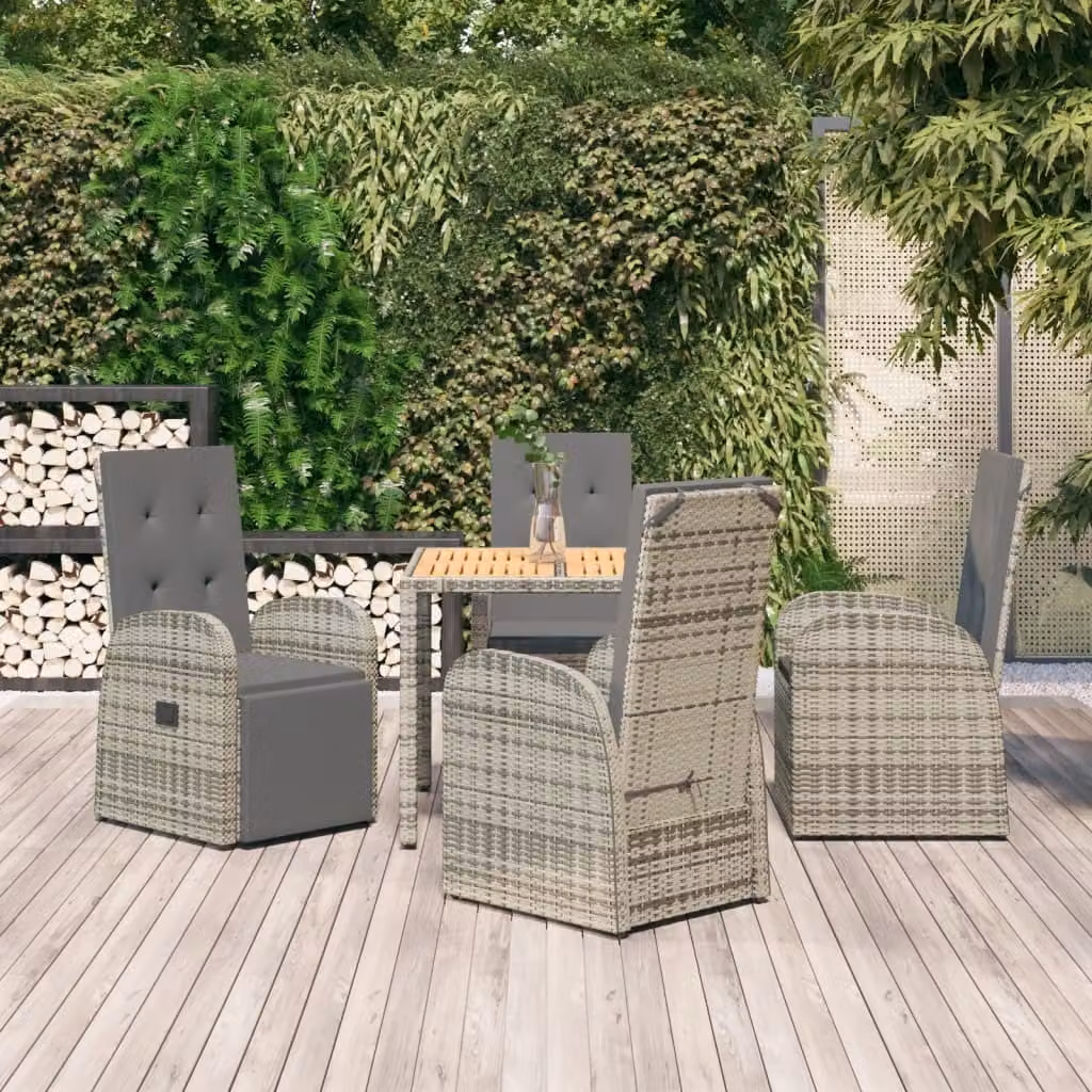 The Living Store Set da pranzo da giardino 5 pezzi con cuscini in poly rattan grigio