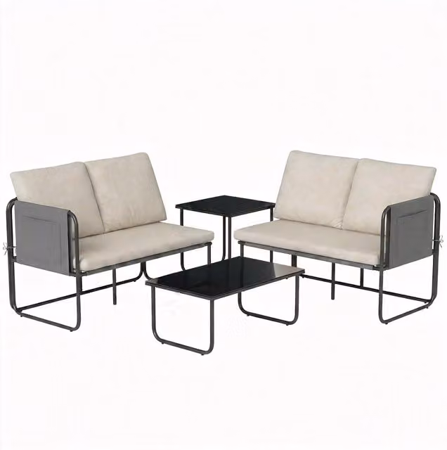 Set da giardino Outsunny composto da 2 divani a 2 posti e 2 tavoli in vetro con cuscini beige e fodere rimovibili color kaki – 1