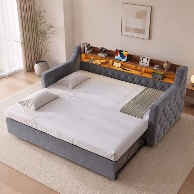 Divano letto 90x190 cm grigio scuro in velluto; letto estraibile con LED