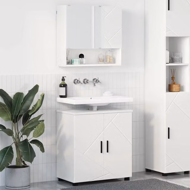 Set di mobili per bagno moderno vidaXL composto da mobile lavabo e armadietto con specchio, Bianco e Nero, L/P/H: 61 x 35 x 64 cm – 1
