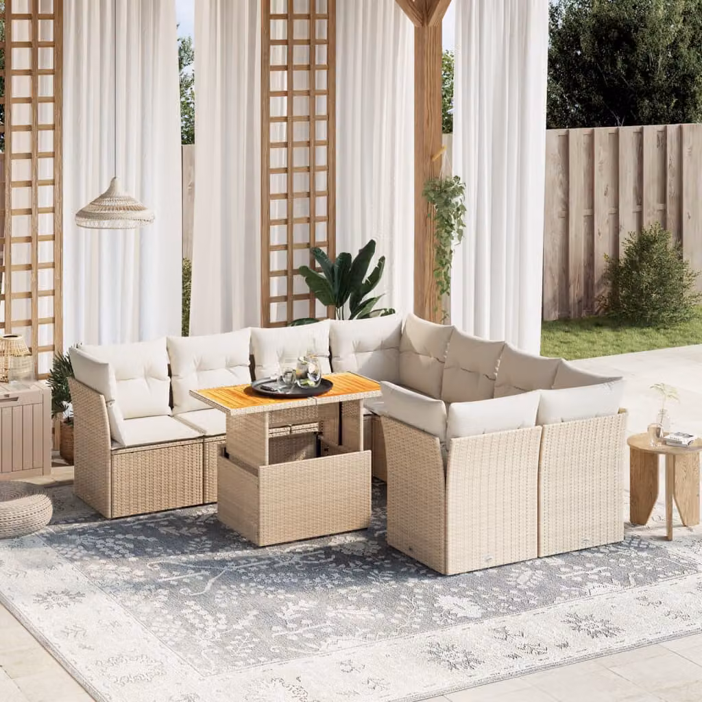 vidaXL Set Divano da Giardino 9 pz a L con Cuscini Beige e Tavolino, Design Moderno in Polyrattan e Legno di Acacia – 1
