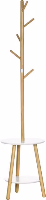Appendiabiti da terra HOMCOM per ingresso con 5 ganci in bambù e tavolino rotondo, color legno e bianco, L/P/H: 39.5 x 39.5 x 171 cm