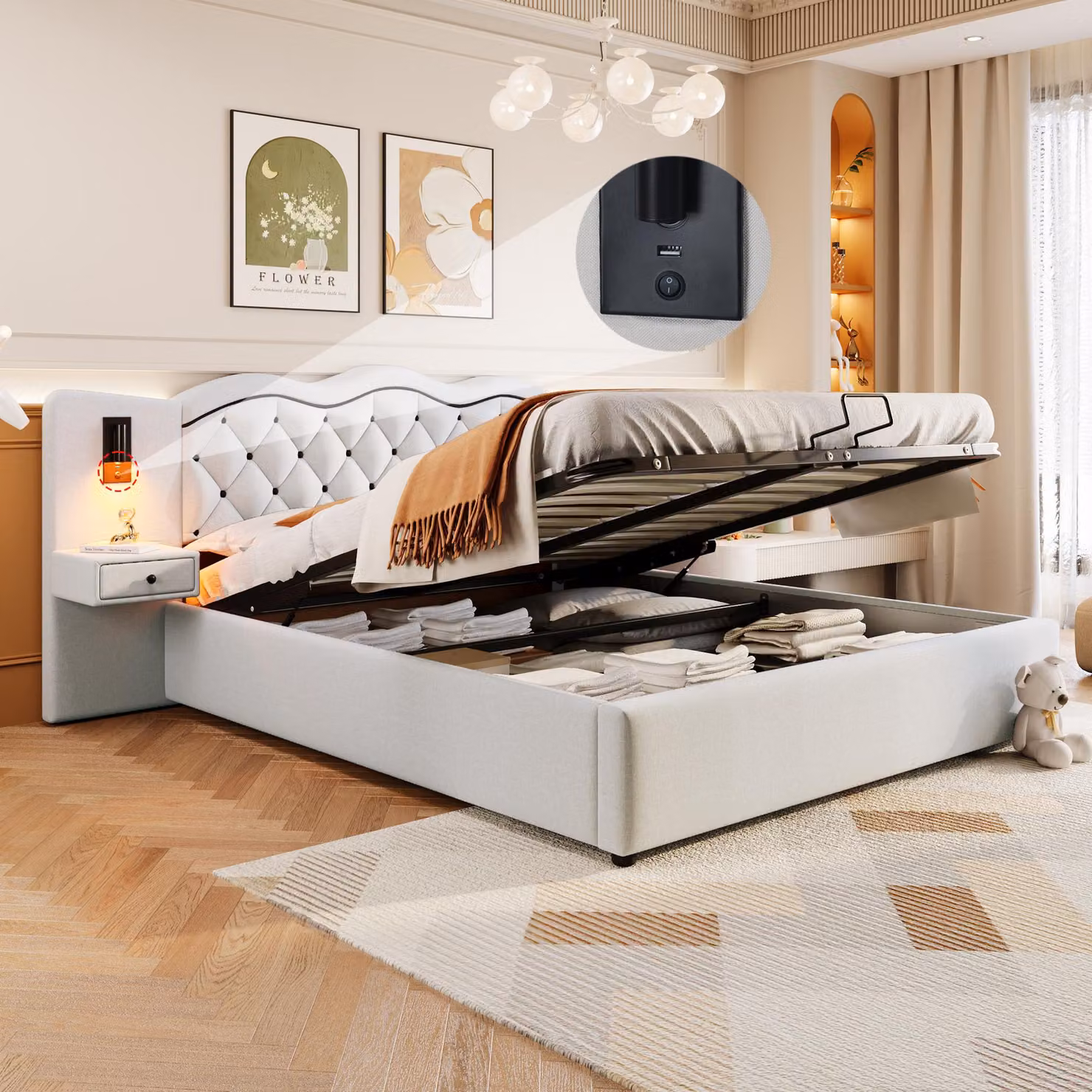 Letto imbottito 180 x 200 cm con spazio contenitore a sollevamento idraulico, testiera integrata, illuminazione e prese USB su entrambi i lati, rivestito in tessuto effetto lino, color beige