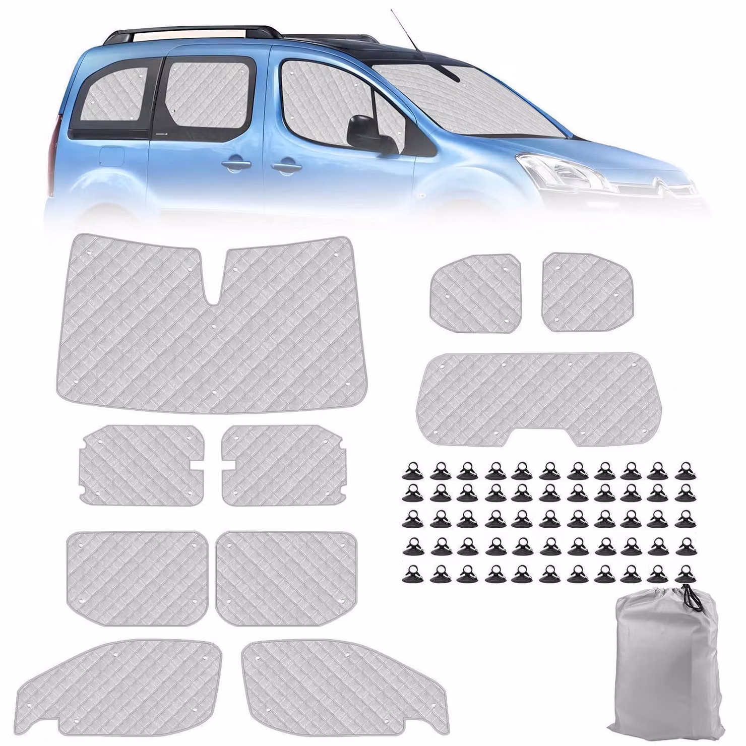 Tappetini termici per l'abitacolo, set da 10 pezzi, per Citroen Berlingo (versione corta), dal 2018 al 2026, con protezione UV e solare