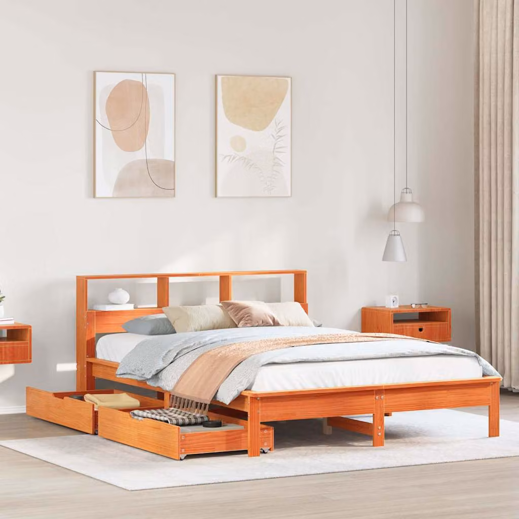 Letto Libreria vidaXL in Legno di Pino Marrone Cera con Scaffali e Cassetti L/P/H: 150 x 200 cm – 1