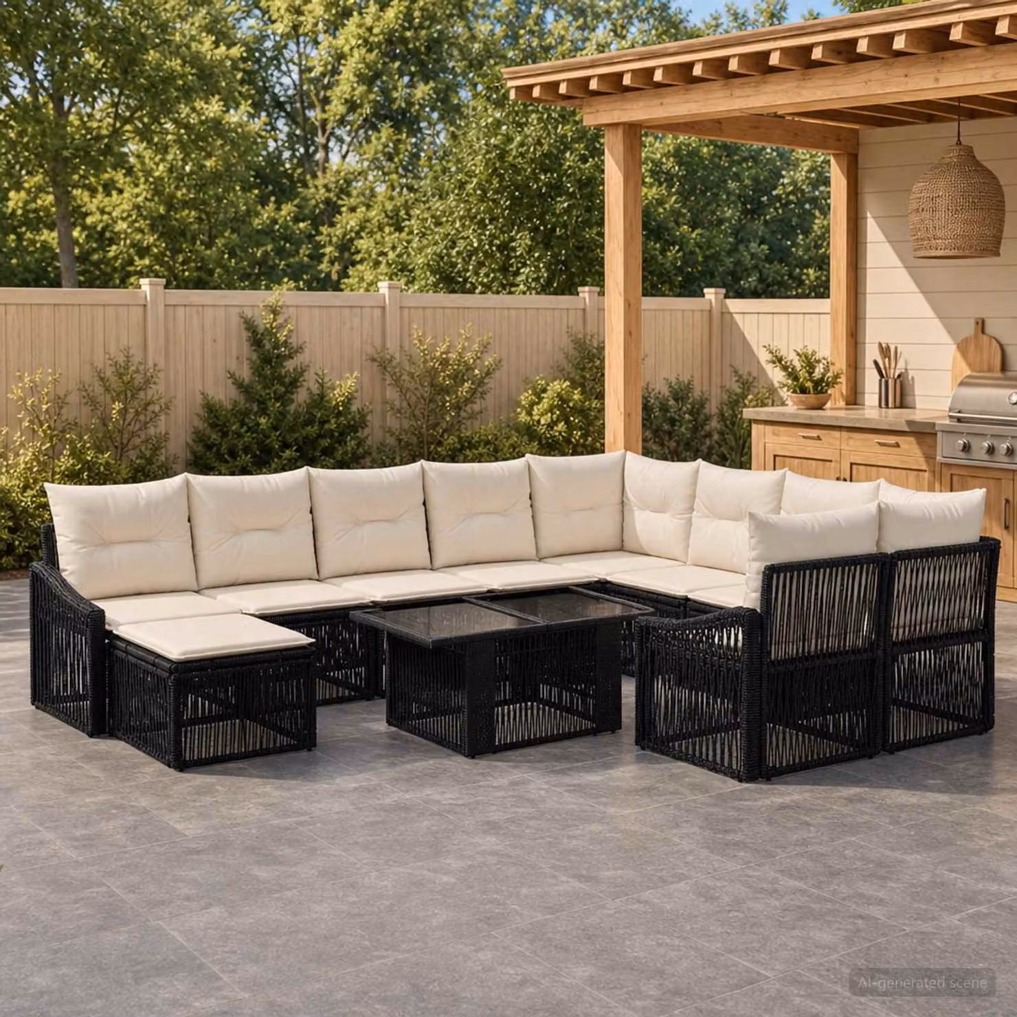 Set Divano da Giardino vidaXL 11 pz in Polyrattan Nero e Bianco Crema con Cuscini e Tavolino