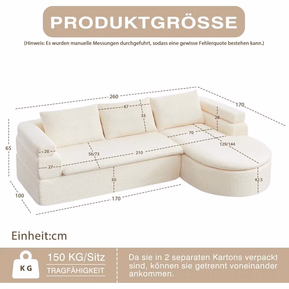 Divano ad angolo con poggiapiedi - Divano a tre posti a forma di "L" - Design moderno effetto nuvola - Rivestimento in chenille - Imbottitura in schiuma - Colore beige