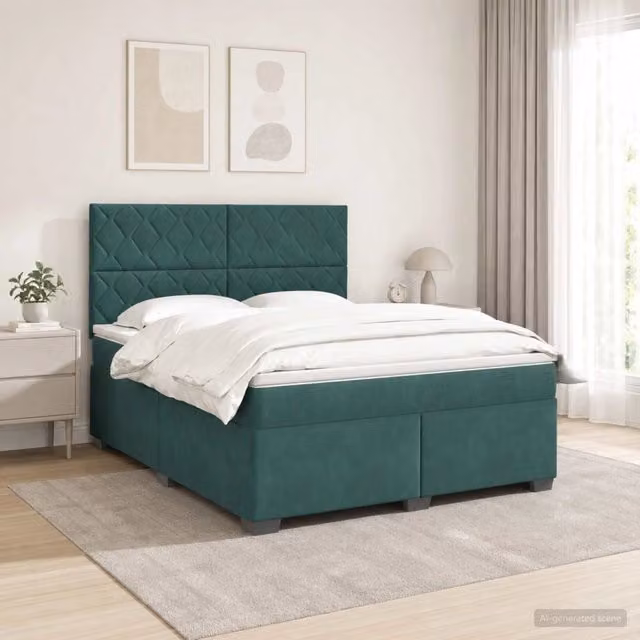 Letto box spring con materasso ibrido vidaXL in velluto verde con contenitore contenitore a sollevamento L/P: 160 x 200 cm