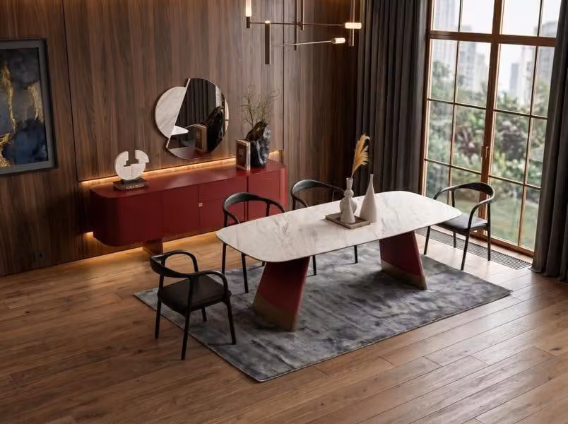 Tavolo, sedia, credenza, specchio, marrone, elegante, spazioso, moderno, nuovo