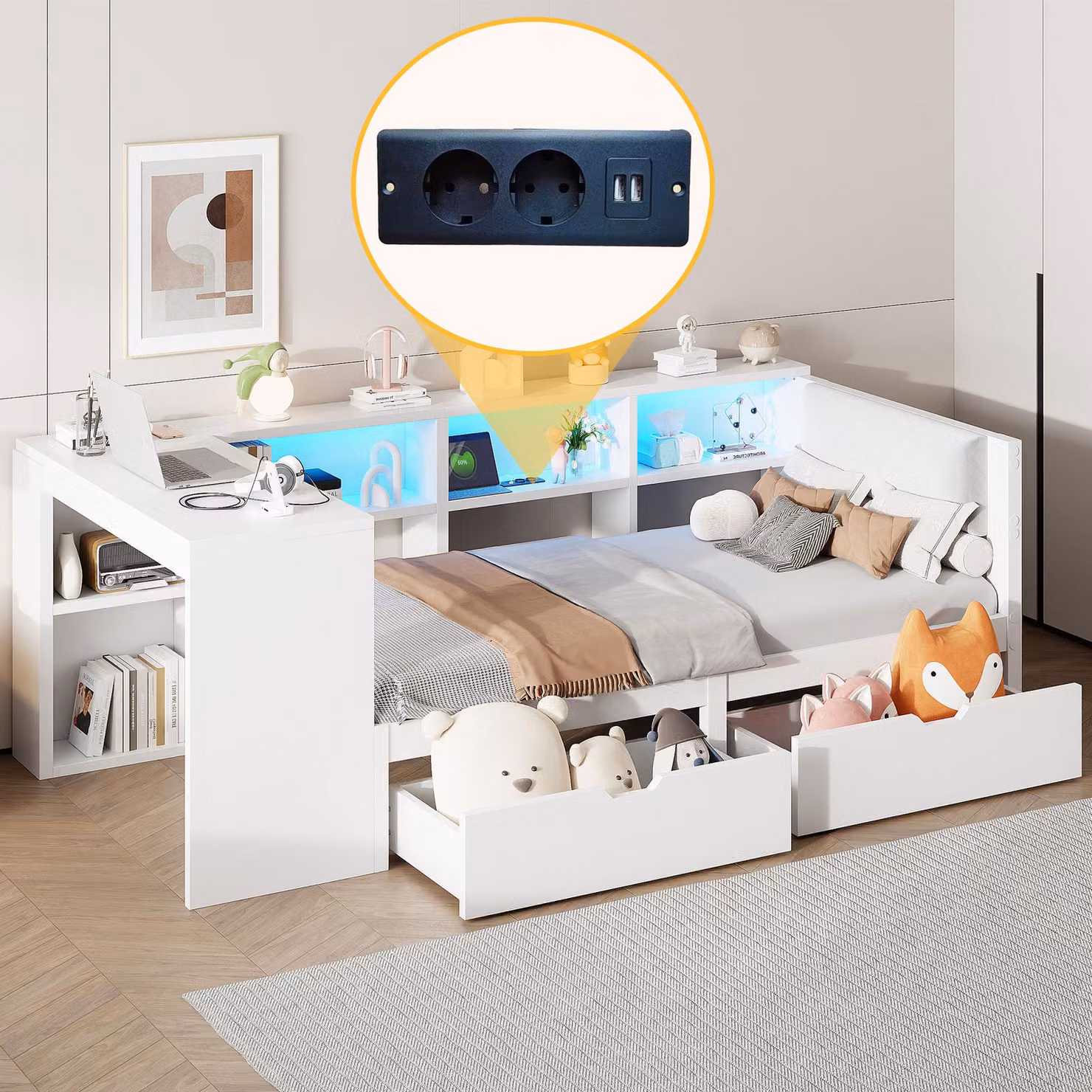 Merax divano letto daybed 90x200 cm con prese, LED, 2 cassetti, scrivania, vano portaoggetti, testata imbottita, letto per bambini, letto in legno, bianco