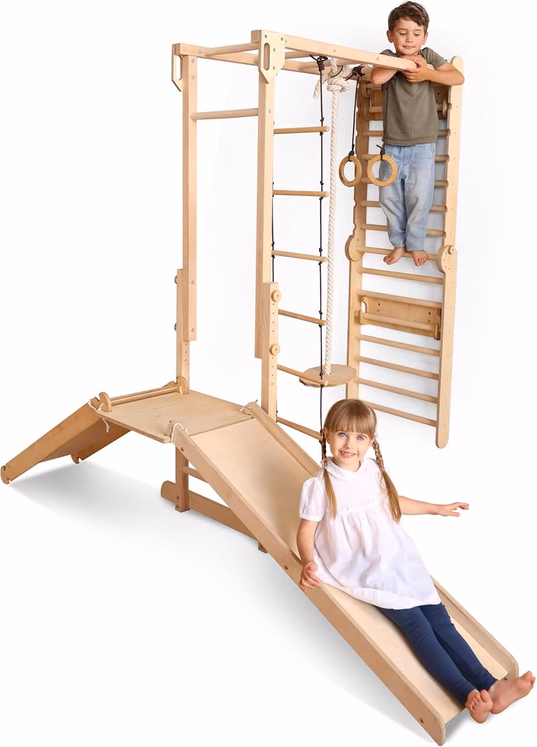 Struttura per arrampicata indoor in legno 9 in 1 per bambini, set per arrampicata con spalliera, barre per arrampicata, anelli, altalena, scala di corda, tavola per arrampicata, scivolo e piattaforma