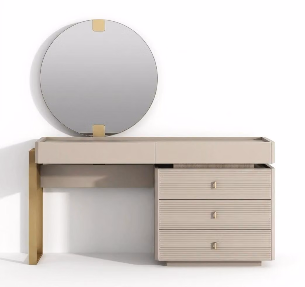 Comò da trucco moderno, beige, con 3 cassetti e specchio rotondo, ideale per la camera da letto
