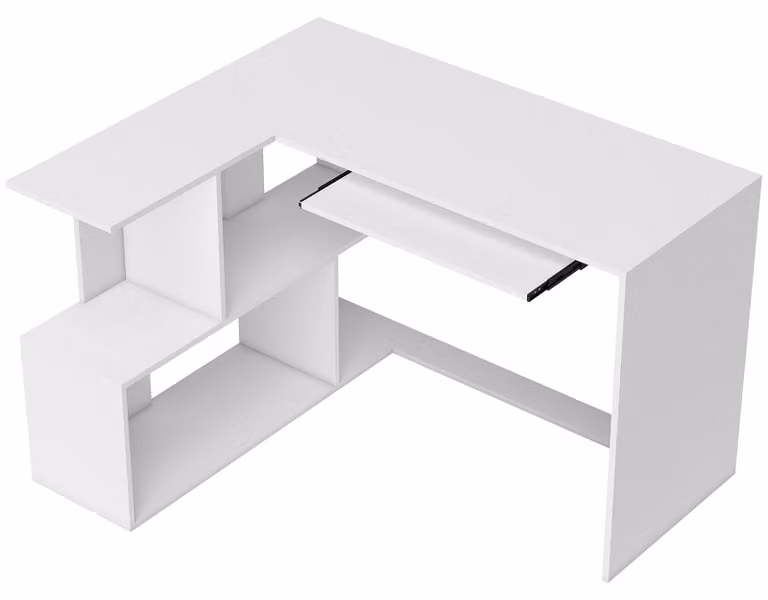 Scrivania Angolare Moderna 120x100x76 cm con Ripiano Scorrevole per Tastiera e Scaffale a 4 Ripiani Bianco