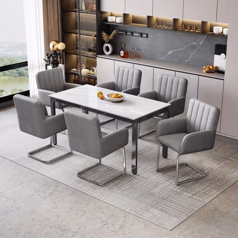 Set di 6 sedie imbottite Flieks, set di 6 sedie a sbalzo per sala da pranzo, sedie per visitatori con braccioli e gambe in metallo, PU, grigio