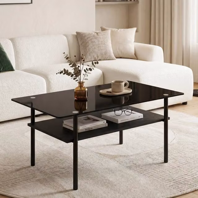 Tavolino da Salotto Moderno Rettangolare, Piano in Vetro Nero, Struttura in Metallo con Ripiano in MDF, 2 Livelli Portaoggetti, Nero, H45xL98xP58 cm