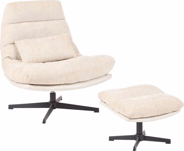 Poltrona girevole Beliani con poggiapiedi in ciniglia beige, seduta imbottita in schiuma e struttura in metallo in stile mid-century