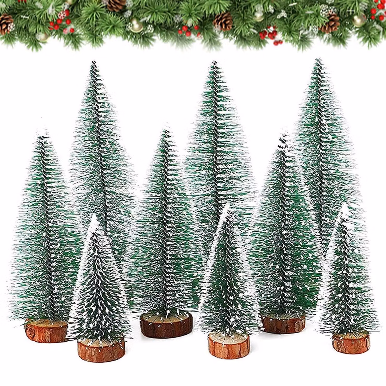 Set di 9 mini alberi di Natale artificiali, in 3 diverse dimensioni, con base in legno