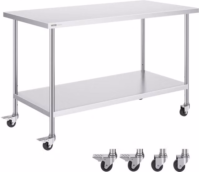 Tavolo da lavoro in acciaio inossidabile con 4 ruote HETG-30*60 regolabile su 3 livelli, 762x1524x954 mm, robusto per cucina e officina, argento