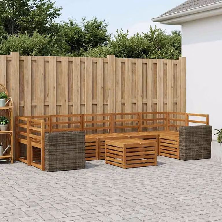 Set di divani da esterno vidaXL a forma di U in legno di acacia massello marrone con 8 pezzi e cuscini inclusi