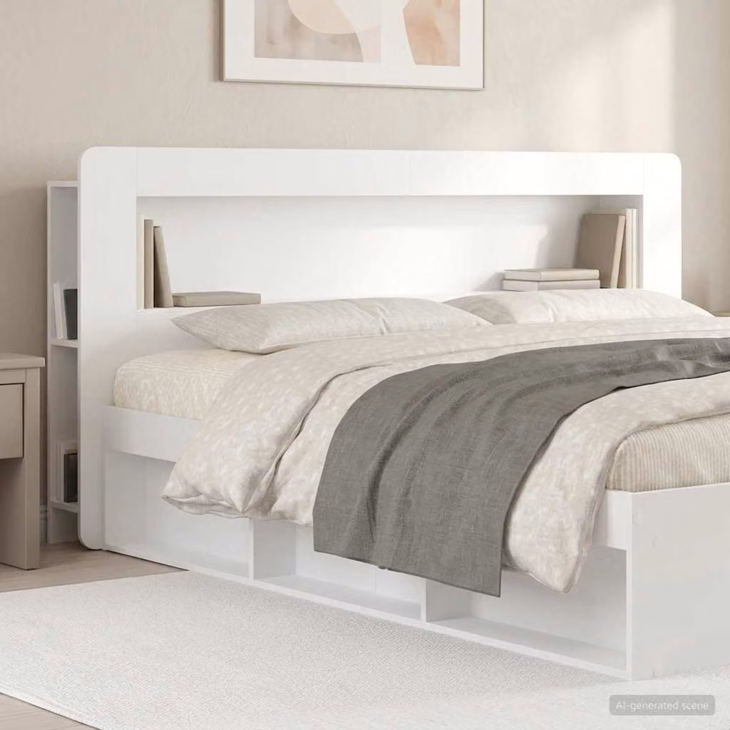 Testata del letto moderna vidaXL in legno ingegnerizzato bianco lucido con ripiani integrati L 215 x H 100 x P 27,46 cm