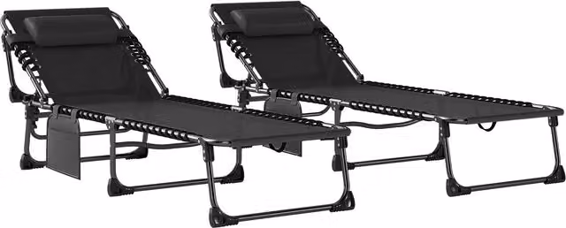 Set di 2 lettini prendisole da giardino Outsunny, pieghevoli e reclinabili su 5 livelli con cuscini, colore nero, L/P/H: 200 x 57 x 38 cm