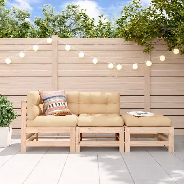 Set Salotto da Giardino vidaXL in Legno di Pino con Cuscini Beige, Composizione a L con Divano a 2 Posti, Elemento Angolare e Pouf