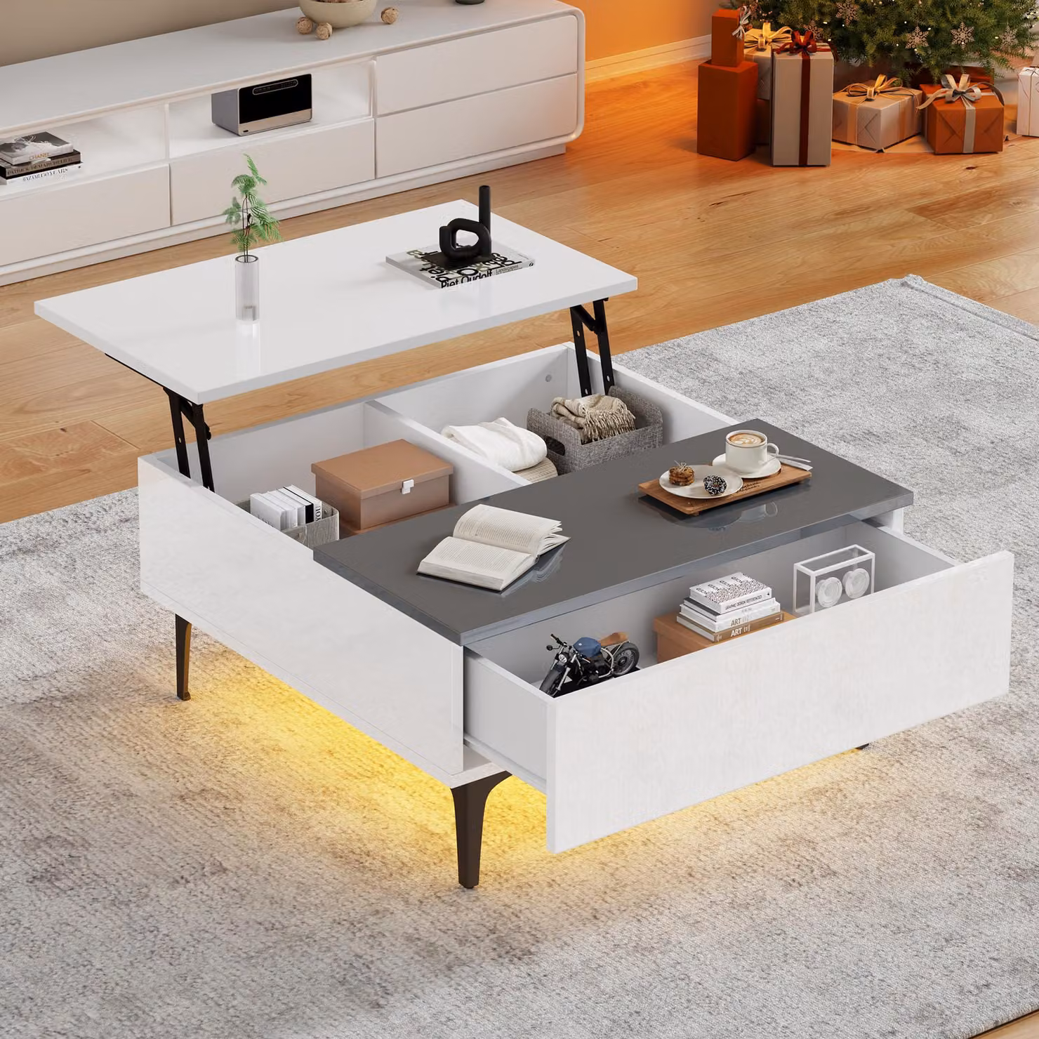 STILVORA Tavolino da salotto regolabile in altezza con vano portaoggetti nascosto e ripiani, tavolino da salotto con luci a LED, tavolino da divano con cassetti; bianco