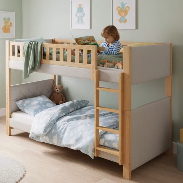 Letto a castello per bambini 90x200 cm; grigio e naturale in legno e MDF