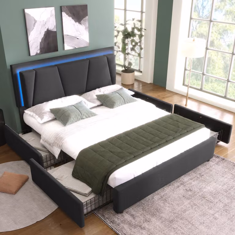 Letto imbottito Flieks 140x200cm con rete a doghe, letto contenitore con 2 cassetti, letto matrimoniale per ragazzi con testata regolabile, biancheria da letto in legno, grigio