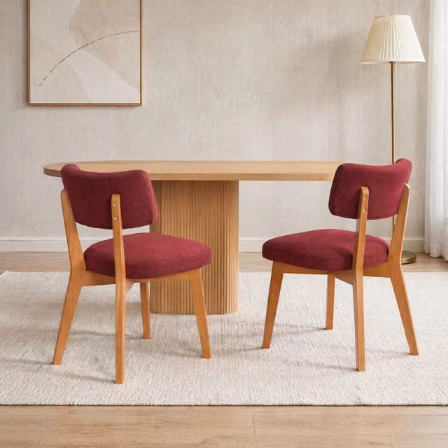 Sedia da pranzo moderna MODFU in legno massello e tessuto rosso, L: 54,5 cm, P: 47 cm, H: 77 cm