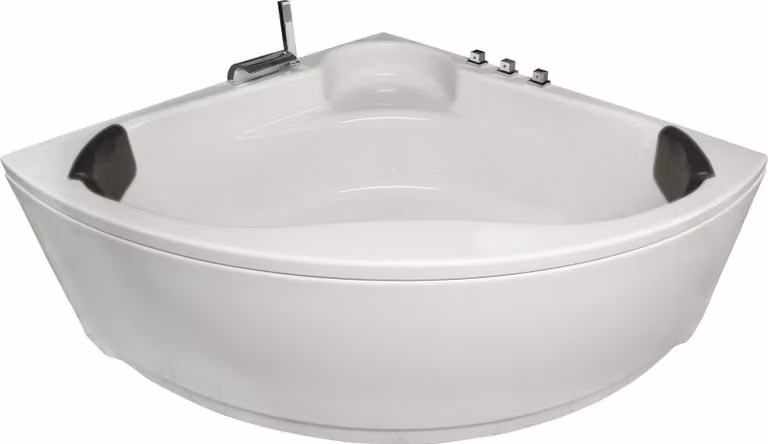 Vasca da bagno angolare Basera Futuna 140 x 140 cm con cascata, ambiente LED e poggiatesta