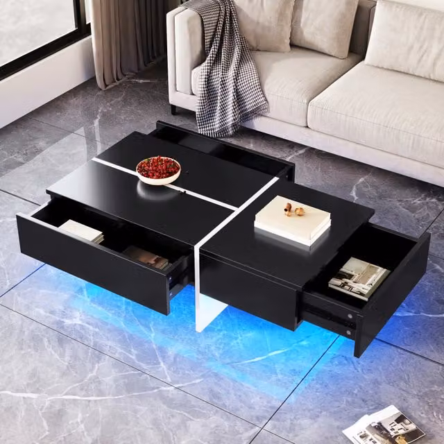 Tavolino da Salotto Nero e Bianco Lucido a Blocchi di Colore, 100x50x34,5 cm, con Illuminazione LED Controllata tramite App