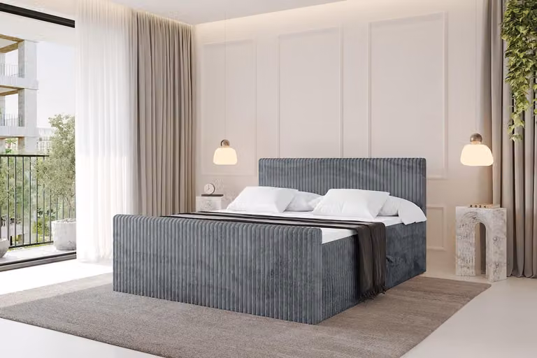 Letto boxspring ALTDECOR con pediera - TOLO-Z 180x200 Cord - Grigio scuro - Set completo con materasso a molle insacchettate e topper, letto imbottito con materasso H4, contenitori, rete a doghe, letto con vano contenitore, letto matrimoniale, letto box