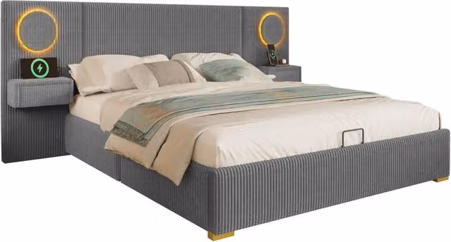 Letto contenitore 180x200 cm in velluto grigio con LED, USB e sollevamento idraulico