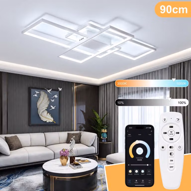 Lampada a soffitto LED intelligente, 90x60 cm, moderna lampada a soffitto geometrica bianca, controllabile tramite app e telecomando, con funzione di dimmerazione, temperatura di colore regolabile da 3000 a 6500K