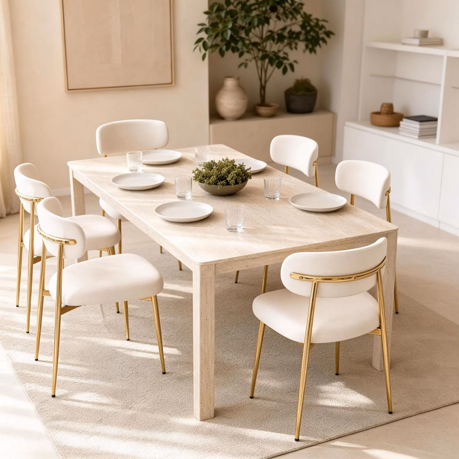 Set di 6 sedie da pranzo Flieks, con struttura dorata regolabile in altezza, imbottite, ideali per la sala da pranzo o la cucina. Dimensioni: 51x50x81 cm. Colore: bianco e oro