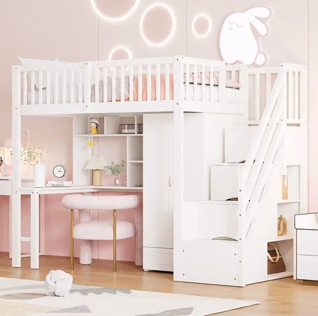 Letto a soppalco 90 x 200 cm con armadio; scrivania; ripiani e scala con cassetti; legno massello bianco