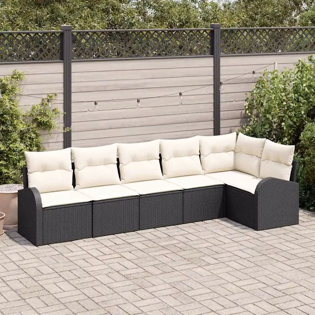 Set Divano da Giardino vidaXL 6 Pezzi a Forma di L con Cuscini Nero e Bianco in Polyrattan e Acciaio – 1