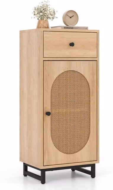 Mobiletto da terra in stile scandinavo con ante a battente e cassetto in rattan e metallo, colore beige, L: 40 cm, P: 30 cm, H: 91 cm