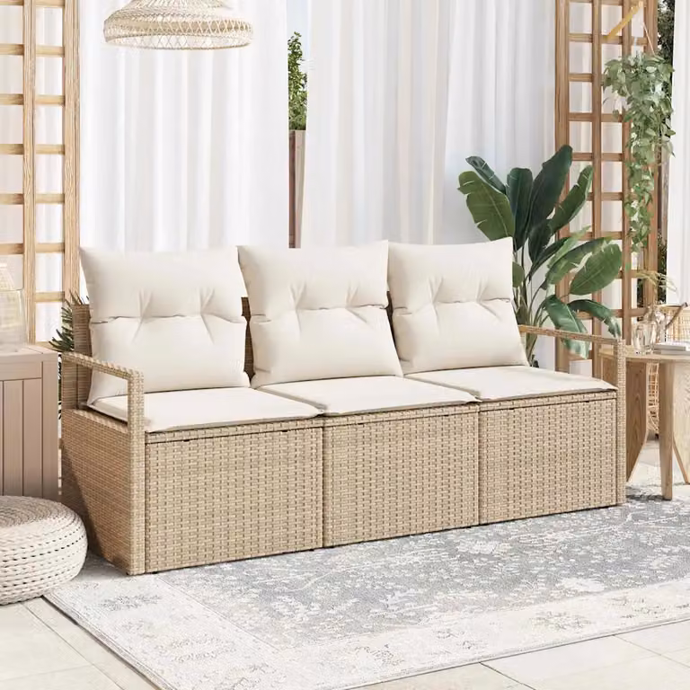 Set Divano da Giardino a L vidaXL 3 pz in Polyrattan con Cuscini Beige e Bianco
