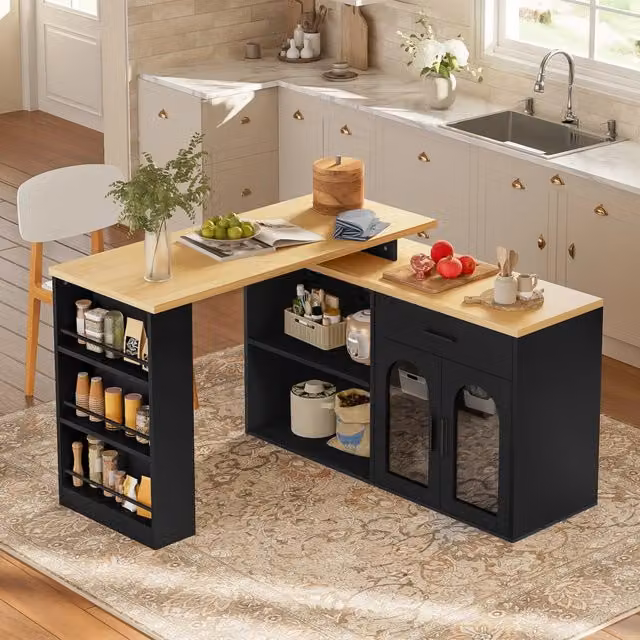 Mobile bar da cucina con piano girevole a 360°, cassetto, ripiani e ante in vetro, nero e rovere, 136 × 50 × 78 cm
