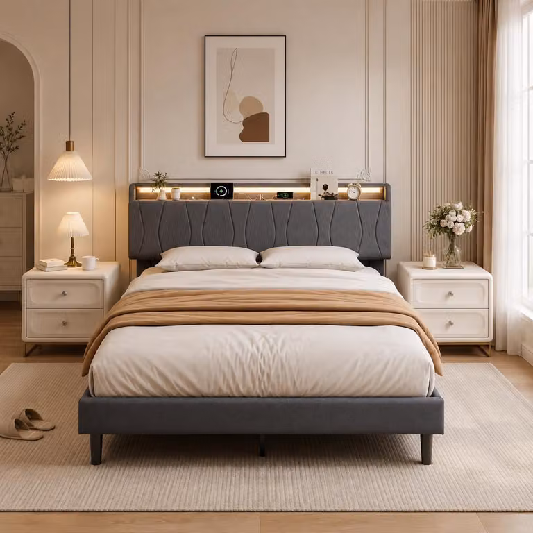 Letto imbottito INONEFT, 140x200 cm, con illuminazione LED, porte USB di tipo C e USB, letti singoli con spazio contenitivo nella testiera, letto per ragazzi con rete a doghe, colore grigio