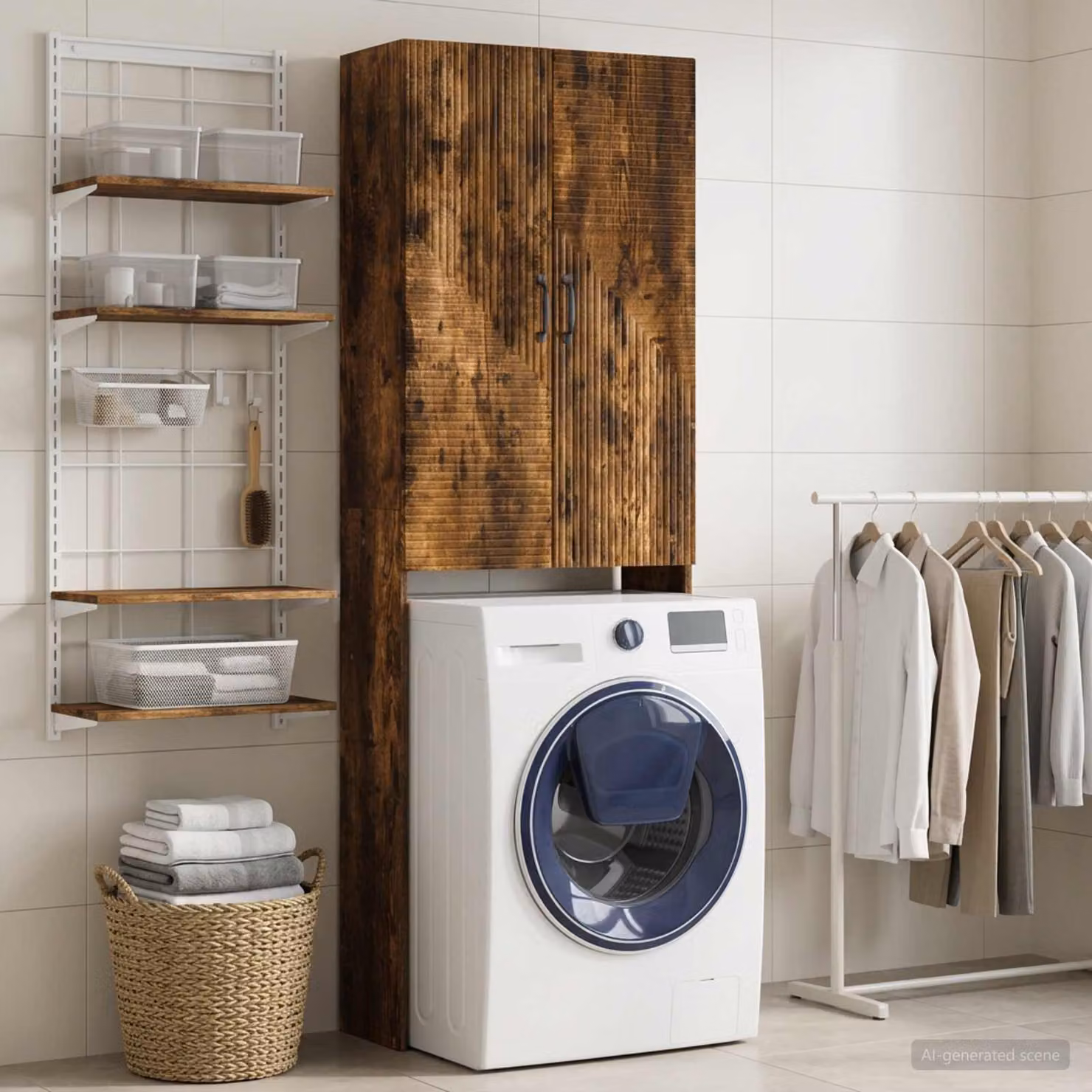 Mobiletto da bagno moderno vidaXL HAARLEM in rovere fumo con ante a battente, L: 66 cm, P: 25,5 cm, H: 190 cm