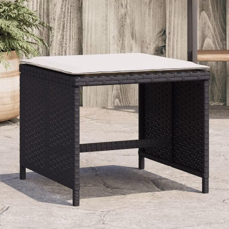 Set di 4 sgabelli da giardino vidaXL in polyrattan nero con cuscini, L/P/H: 40 x 40 x 35 cm