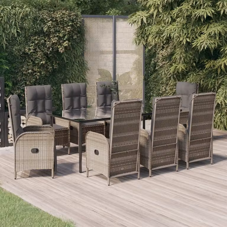 Set da pranzo da giardino vidaXL in polyrattan con cuscini, 9 pezzi, nero e grigio