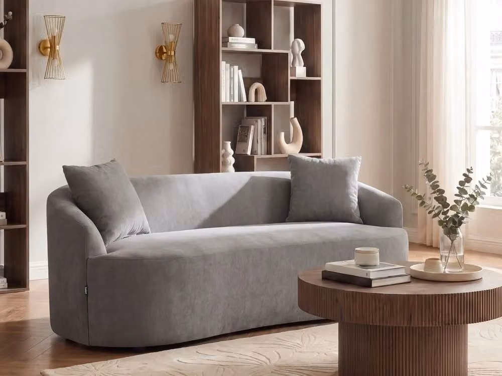 Divano Beliani a 2 posti con forma ovale e stile organico, rivestito in tessuto beige e grigio con struttura in legno massiccio, L: 175 cm, P: 80 cm, H: 68 cm – 2