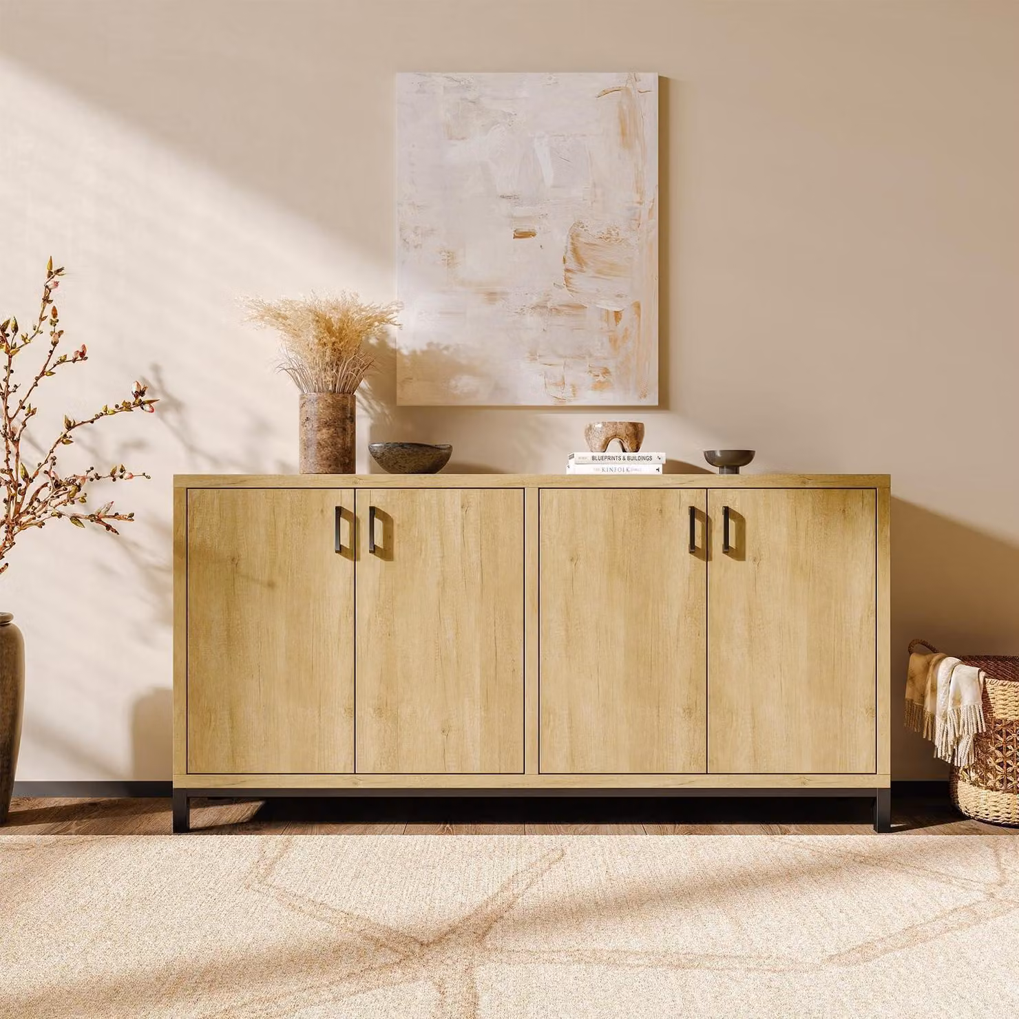 Mobile contenitore da 160 cm con aspetto legno, dotato di 4 ante e piedi in metallo, finitura color legno naturale