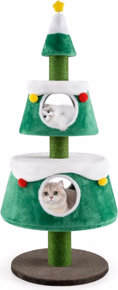 Albero per gatti di Natale con 2 grotte, pali in sisal, giocattoli di peluche