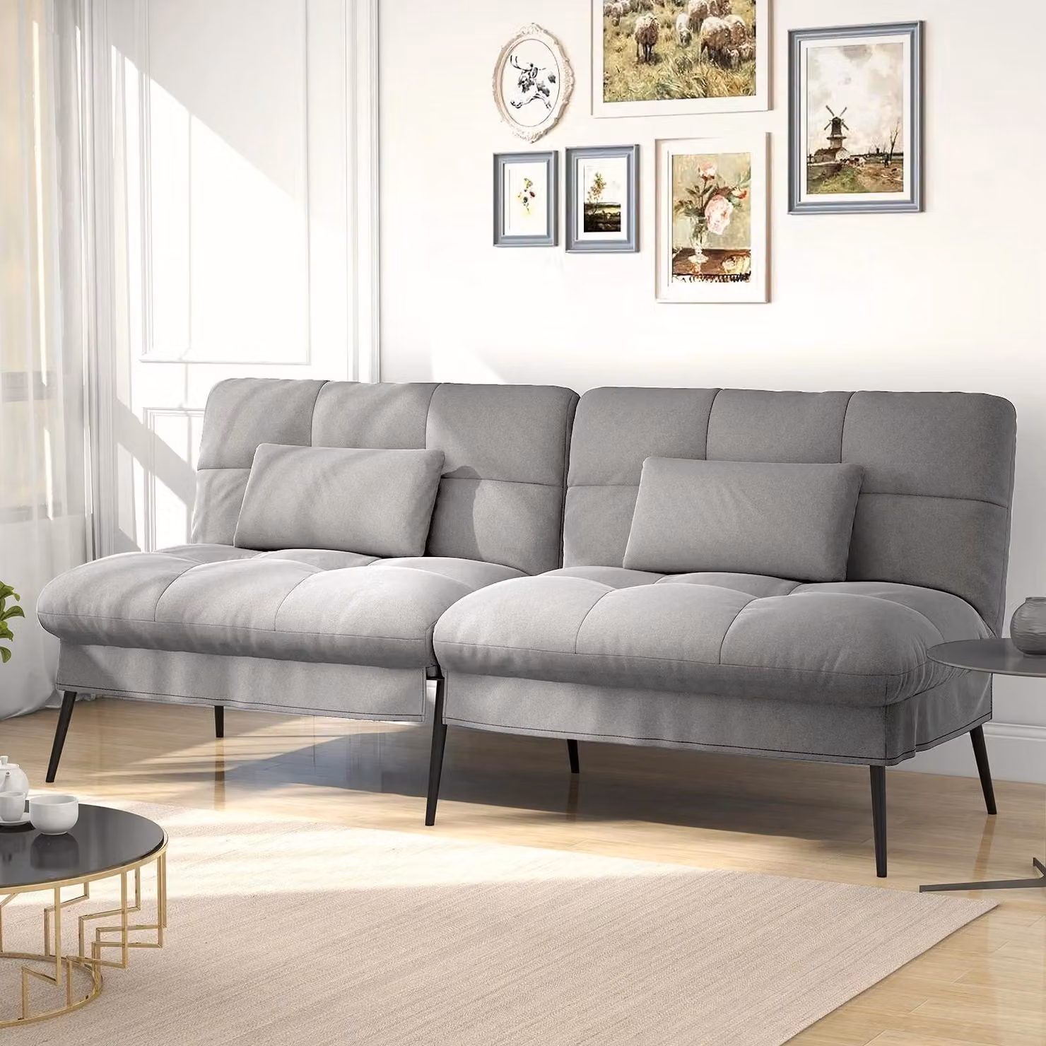 Divano angolare letto - B001 - A L, estraibile, schienale regolabile, tessuto con imbottitura in schiuma, 174×51×72 cm - Grigio