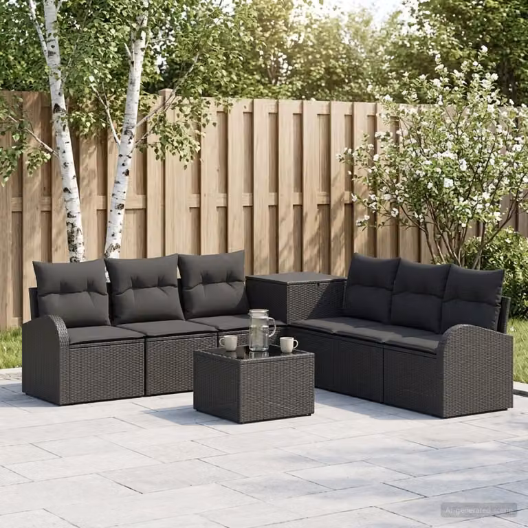 Set da giardino moderno vidaXL composto da 8 pezzi in polyrattan e metallo nero con divani, tavolino da caffè e cuscini inclusi